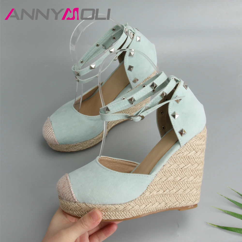 ANNYMOLI Sandals Women Rivets Platform Wedges High Heels Espadrille Shoes Summer Sexy Bohemia Ankle Strap Sandals Size 34-43