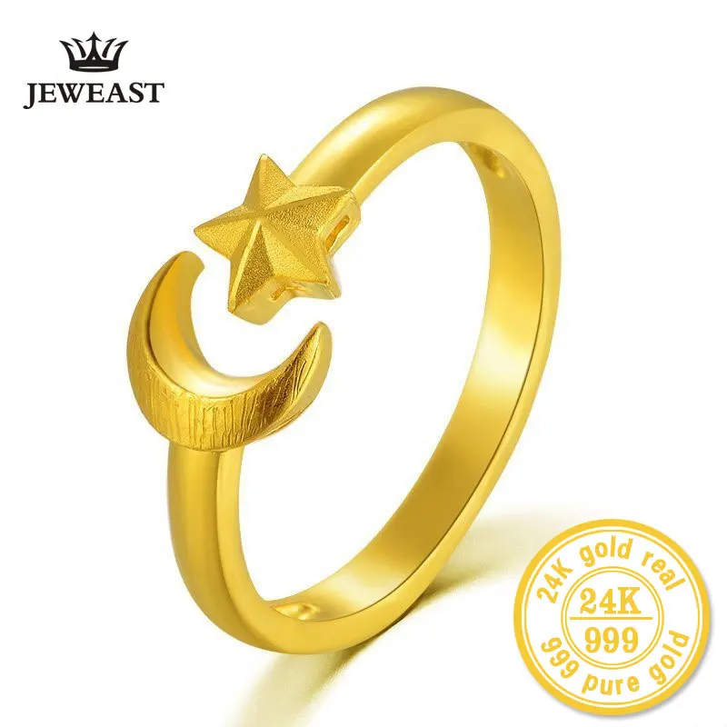 ZZZ 24k Pure Gold Rings With Star And Moon Pattern 2023 Newest Beautiful Shape Romantic 999 Solid Golds Ring Party Classic