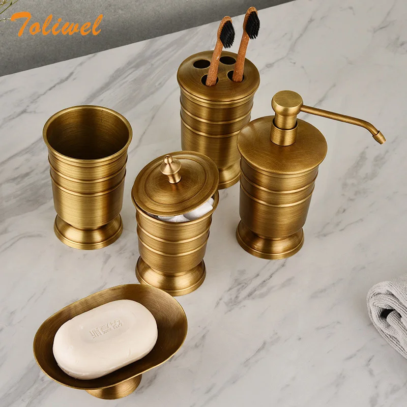 Antique Brass Soap Dish Liquid Soap Dispenser Toothbrush Holder Gargle Cup Storage Tank 5pcs Bathroom Accessory Set