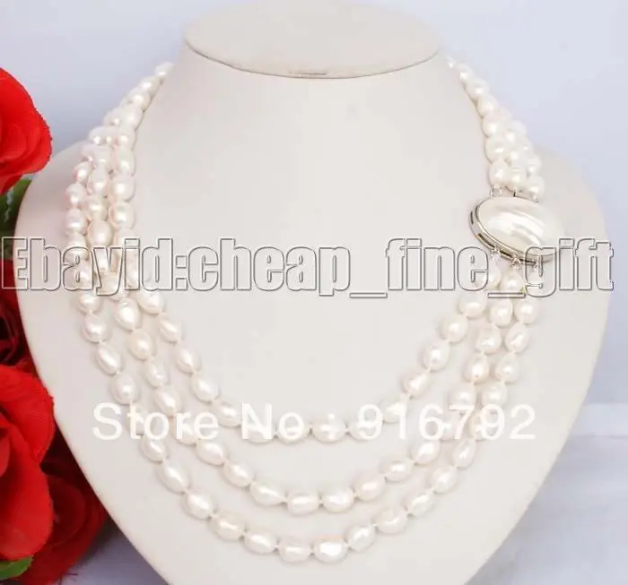 

8-10MM White Baroque Pearl 3Row Necklace Shell Clasp 17-20"inch