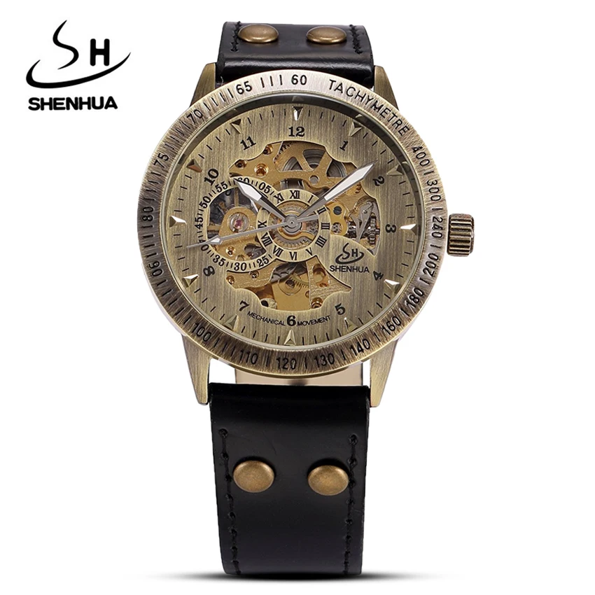 Bronze Automatic Mechanical Watch Men Leather Strap Steampunk Self-Wind Male Mechanical Clock Wristwatch Relogio Masculino 2020