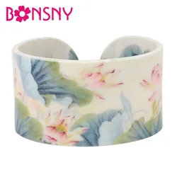 Bonsny Plastic Chinese Lotus Ink and Wash Painting Bangles Bracelets Traditional Ethnic Jewelry For Women Girls Ladies Wholesale