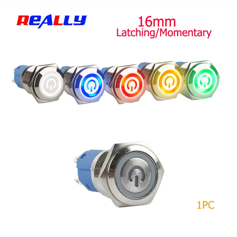 16mm Latching Waterproof Metal Push Button Switch LED light 3V  6V 12V 24V 36V 48V 110V 220VRed Blue Green Yellow White Button