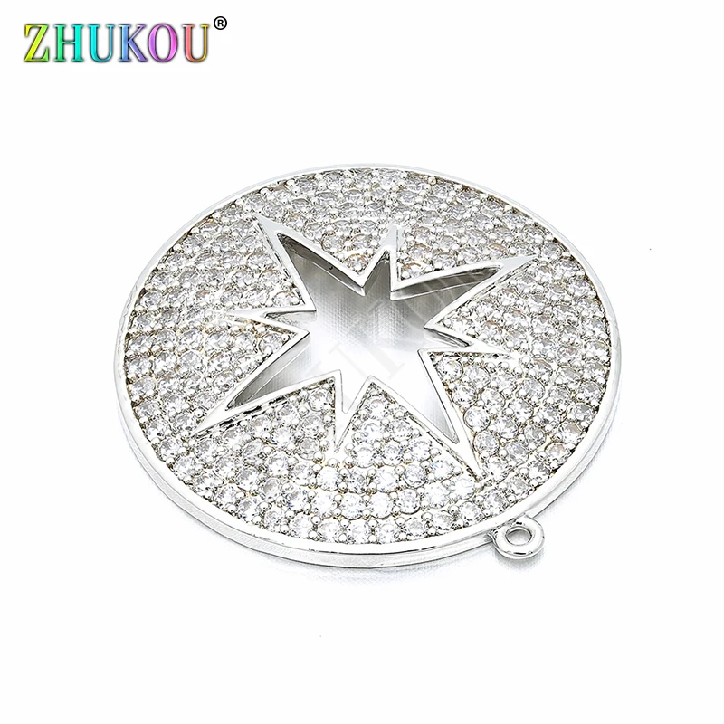 30mm Brass Cubic Zirconia Round Circle With Inside Star Charms Pendants DIY Jewelry Bracelet Necklace Making, Model: VD77