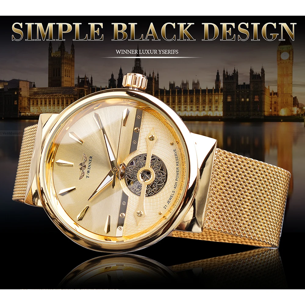 Winner Golden Male Watches Automatic Business Wrist Watch Skeleton Analog Mesh Steel Band Self-Wind Mechanical Reloj Hombre Saat