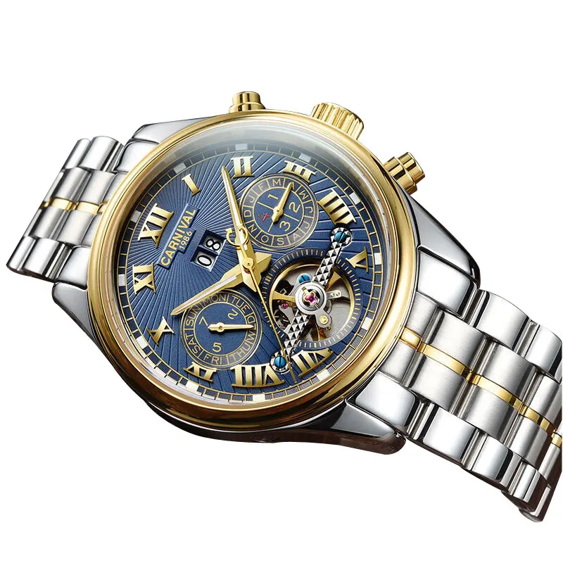 Carnival Mens Multifunction Holllow-out Dial Steel Watchband Automatic Self-Wind Mechanical Watch - gold bezel blue dial