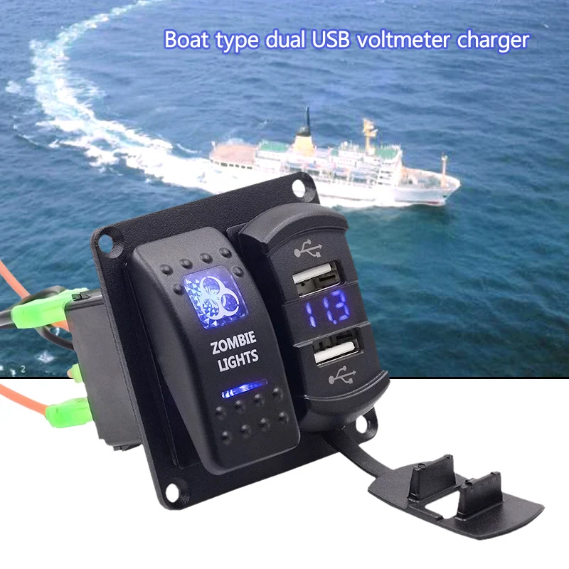 Waterproof Car Marine Boat 12V 24V On Off 2 Gang Rocker Switch Panel Blue LED Dual USB Volmeter Charger Zombie Lamp Switch