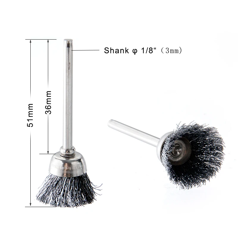 Cepillo abrasivo de copa de alambre de acero inoxidable, herramienta rotativa compatible con herramienta de pulido Dremel, vástago de 100 pulgadas, 1/8 Uds.