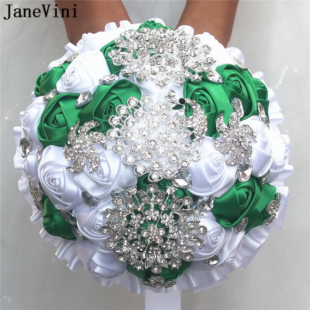 

JaneVini Vintage Satin Rose Bridal Wedding Bouquets Handmade Green White Flowers Rose Crystal Beaded Bridal Bouquets with Ribbon