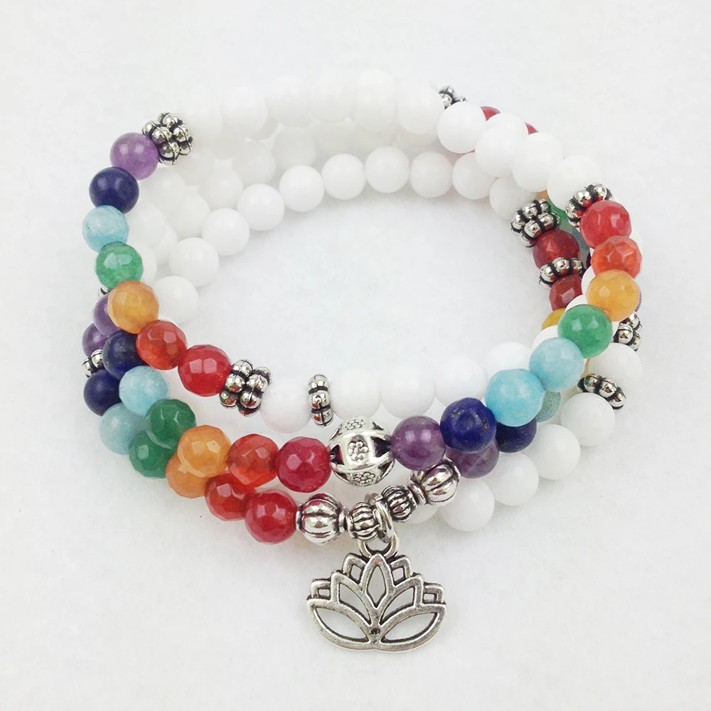 

SN0104 Hot Sale 108 Mala beads Healing Yoga White Stone Chakra Lotus Charm Bracelet for Women