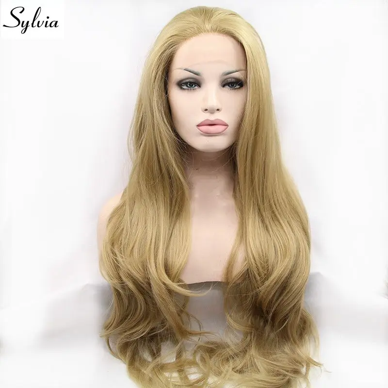 Sylvia 24 # Synthetische Blonde Lace Front Pruiken Voor Vrouwen Haar Lange Natuurlijke Golf Hittebestendige Vezel Lange Zachte Golvend