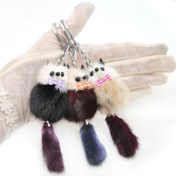 Fashion Cute Fluffy Pompom Raccoon Keychain Genuine Mink Fur Pom Pom Fox Bear Key Chain Ring Woman Bag Charms Man Trinket Gift