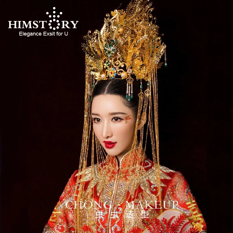 

HIMSTORY Luxurious Chinese Traditional Phoenix Coronet Long Tassel Hairwear Cheongsam Bridal Headdress Wedding Hair Accessory