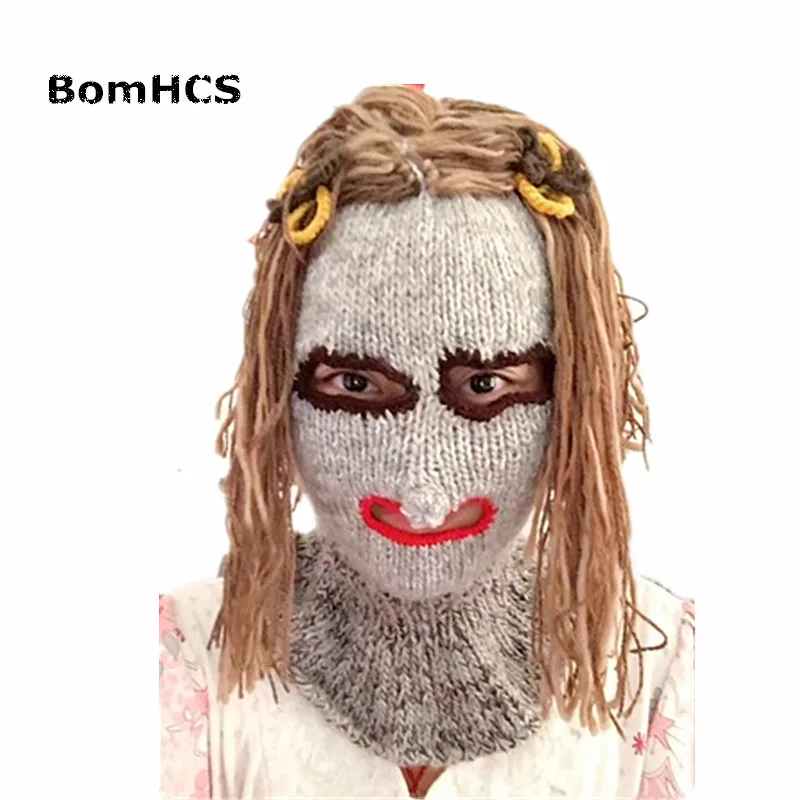 BomHCS Very Funny Pigtail Mask 100% Handmade Knitted Braid Wig Beanie Hat Party Halloween Gift