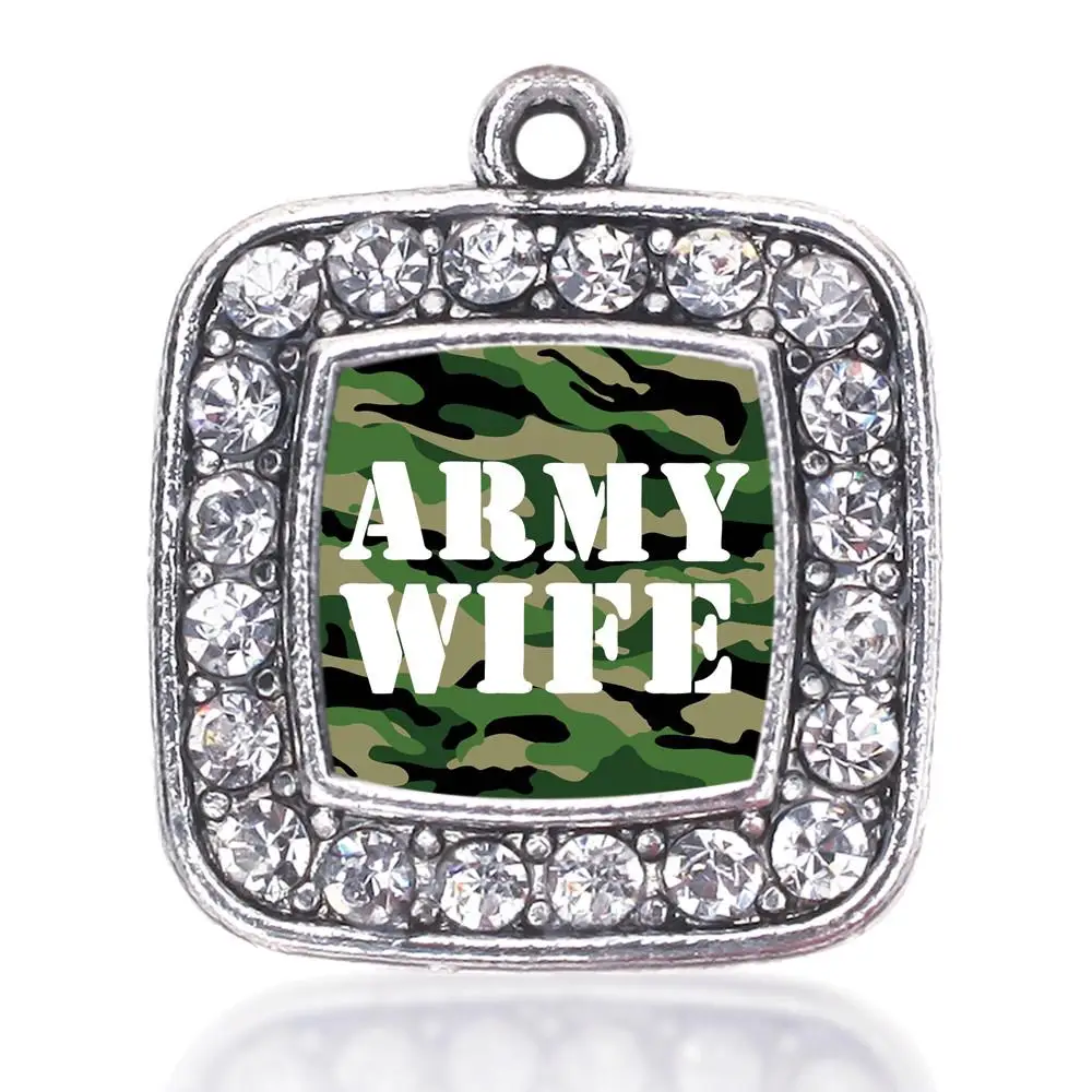 ARMY WIFE SQUARE CHARM ANTIQUE SILVER PLATED CRYSTAL JEWELRY