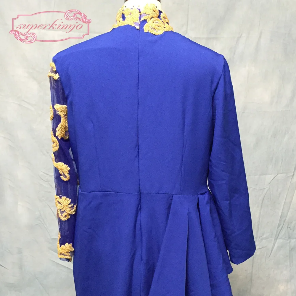 royal blue prom dresses with high neck beading long sleeve cotton satin gold sequins beading peplum mermaid evening dresses gown