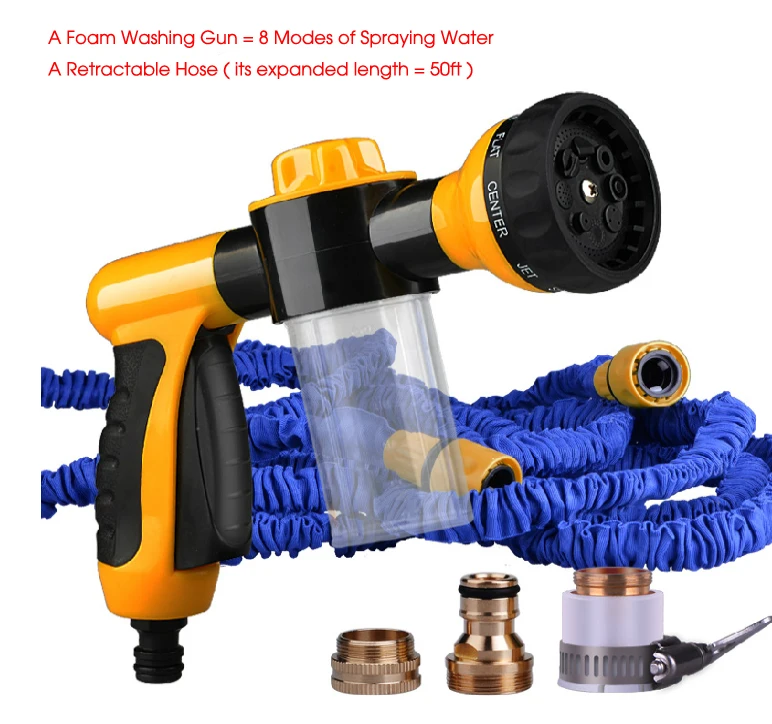 Upgraded Foam Expandable 50ft Retractable Garden Hose Reels Car Washer Car Cleaning Gun Water Pressure Gun 8 Modes Nozzle Gun