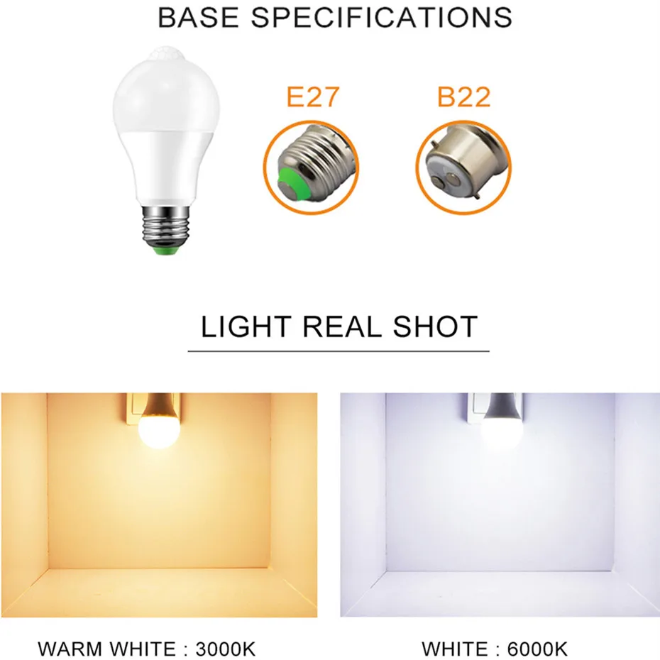 LED PIR Motion Sensor Lamp E27 B22 12W 18W Automatic ON/OFF LED Night Light Human Body Movement Detector Ampoule Sensor