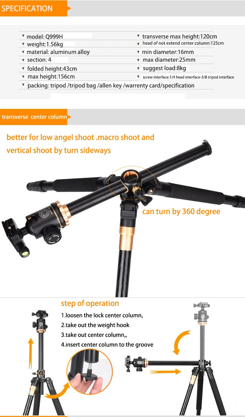 QZSD Q999H Aluminium Alloy Camera Tripod Video Monopod