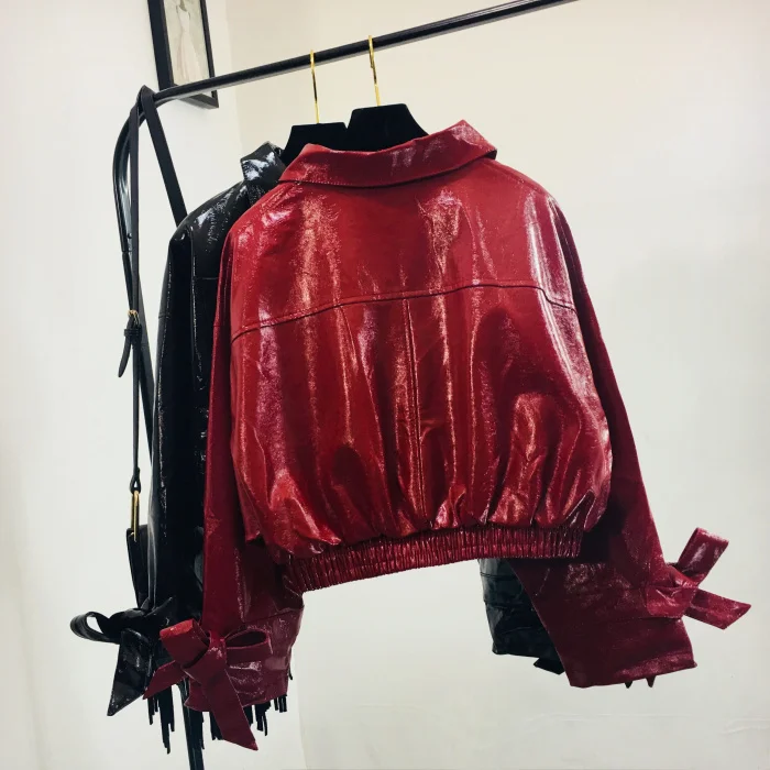 Zipper stitching glossy shiny PU jacket 2024 autumn new female motorcycle PU leather jacket short Slim pu jacket wq1151 dropship