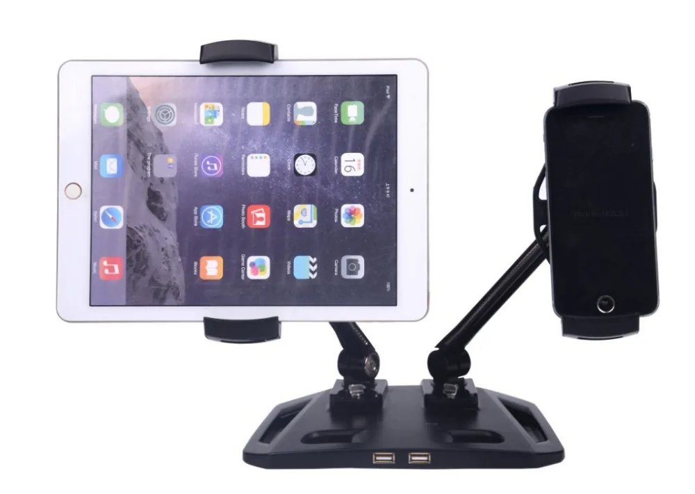 Dual Arm 360 Full Rotation Foldable Aluminum Alloy 4.7-12.2 inch Tablet PC Holder+Smartphone Holder Stand with 2USB Port Charger