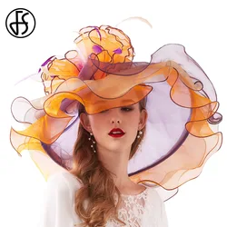 FS Luxury Flower Fascinators Organza Church Hat For Women Elegant Wedding Bride Cap Wide Brim Tea Party Kentucky Derby Hats 2024