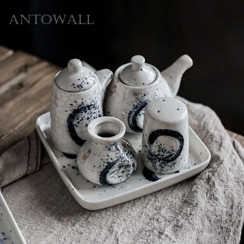 ANTOWALL Juego de tarros de condimentos retro estilo chino, botella de salsa de soja, soporte para palillos, juego de botellas de pimienta, restaurante, cocina japonesa