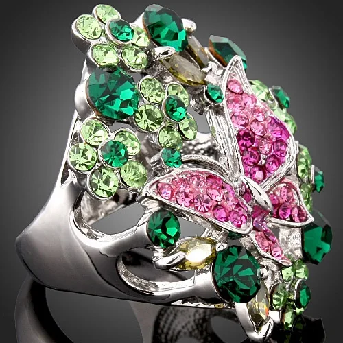 Chran Fashion Multicolor Enamel Flower Rings for Women Classic Animal Design Butterfly Crystal Party Rings Jewelry Gifts