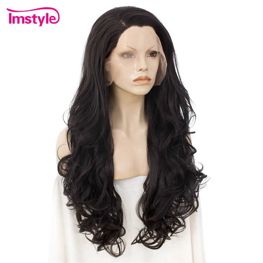 Imstyle Natural Black Synthetic Lace Front Wig Long Hair Wavy Wigs For Women Heat Resistant Fiber Daily Wigs