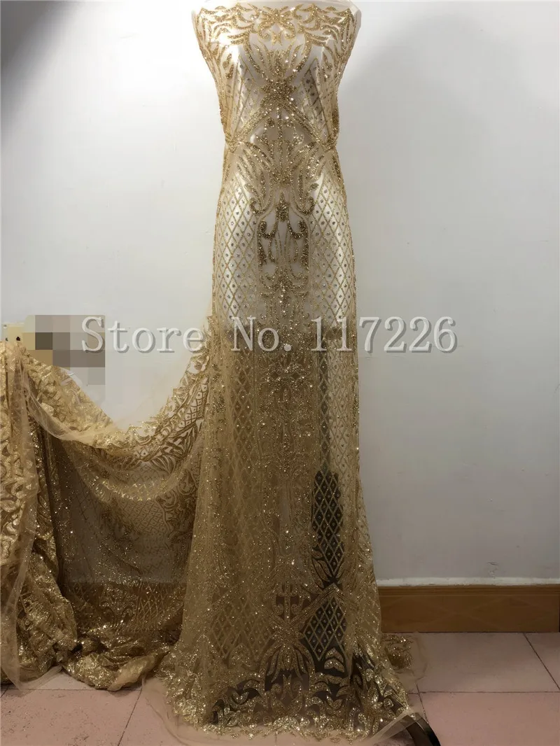 

Gold color french net lace with glued glitter top selling embroidery african tulle mesh fabric for wedding dress