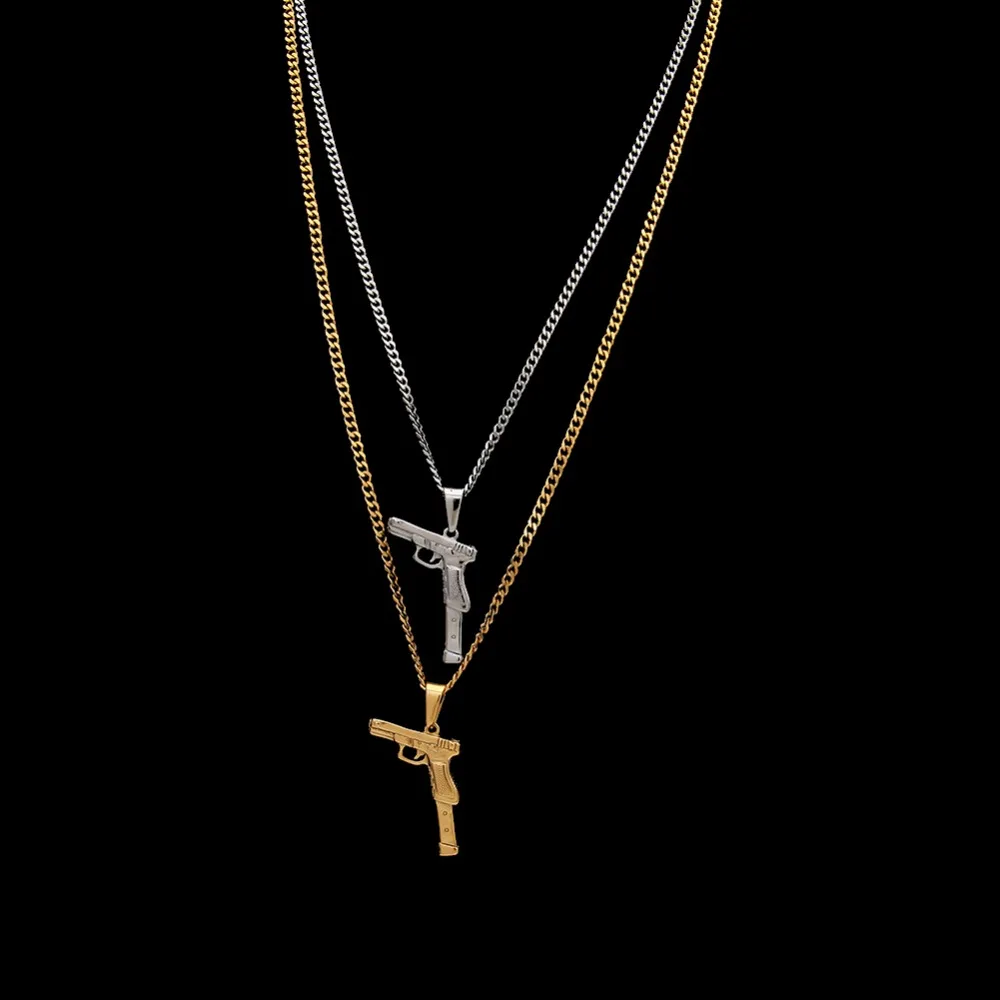 Men Necklaces Gold color Assault Gun Rifle Iced-Out Pendant Necklace Alloy Hiphop Bike Military Fashion Jewelry