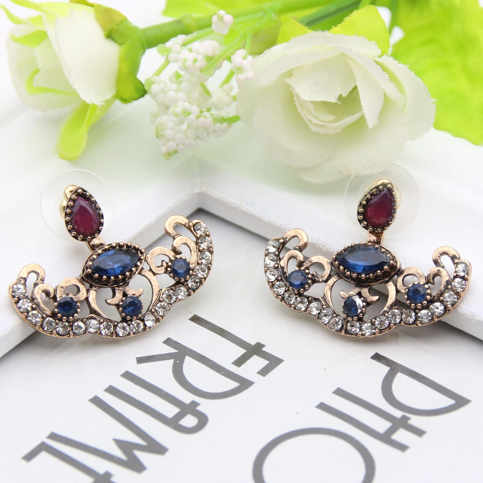 Vintage Turkish Women Resin Hollow Flower Earrings Crystal Antique Gold Color Adjustable Length Earrings Bridal Ethnic Jewelry