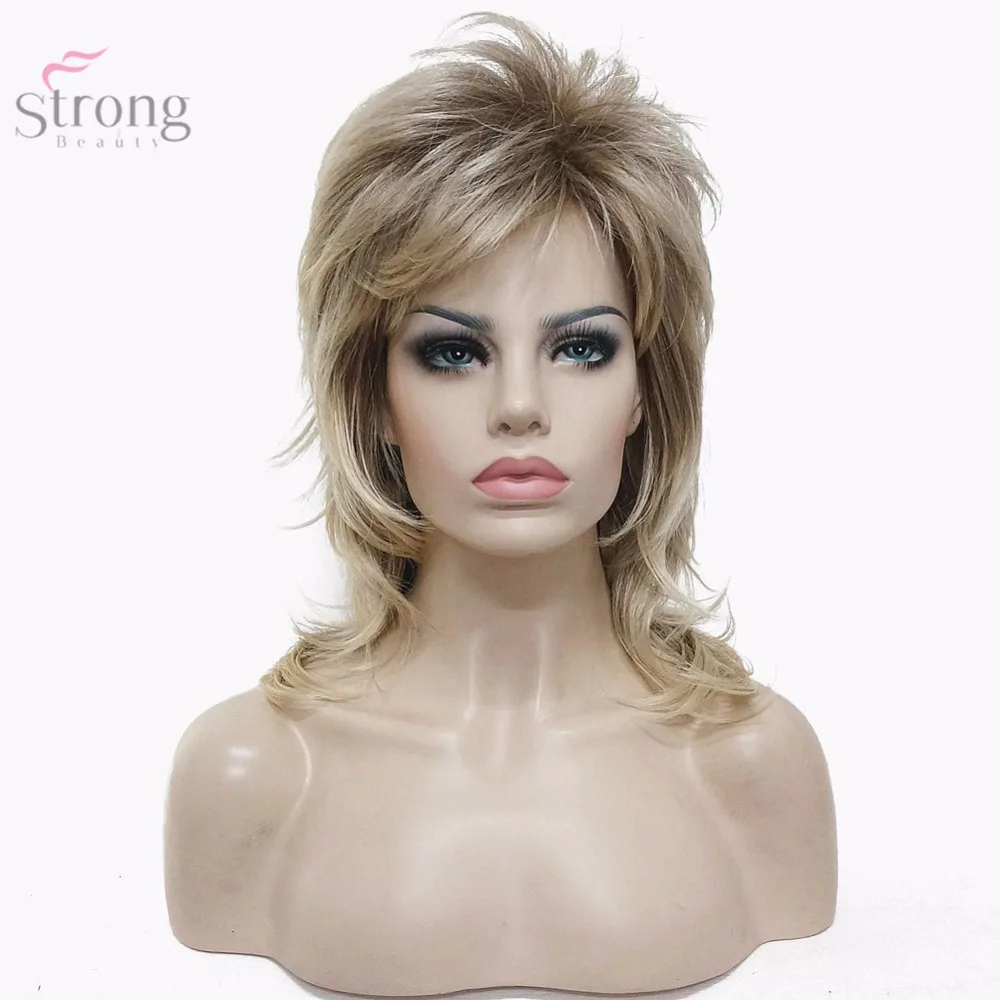 

StrongBeauty Women's Wig Blonde Mix 16" Medium Length Straight Layered Hair Kanekalon Synthetic Full Wigs