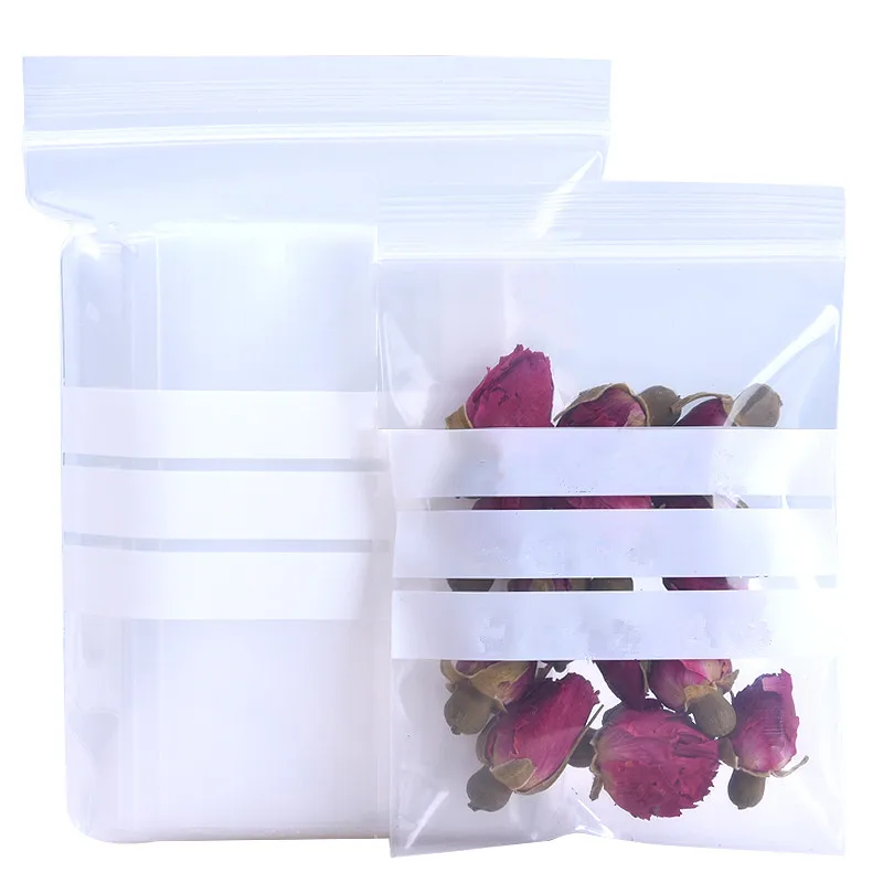 100Pcs/lot 16 Sizes Plastic Clear Zip Packaging Bag with Writable White Line Dried Flower Retails Storage Zipper Packing Pouches