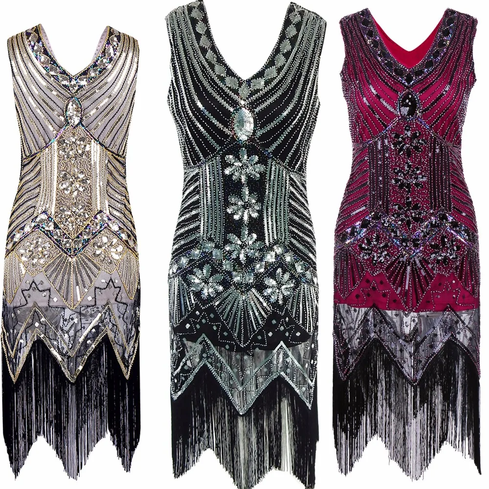 Great Gatsby Dress Women Sequined Dress V Neck Beaded Sequined Art Deco Flapper Dress 1920s Vintage Party Dresses Sexy Club