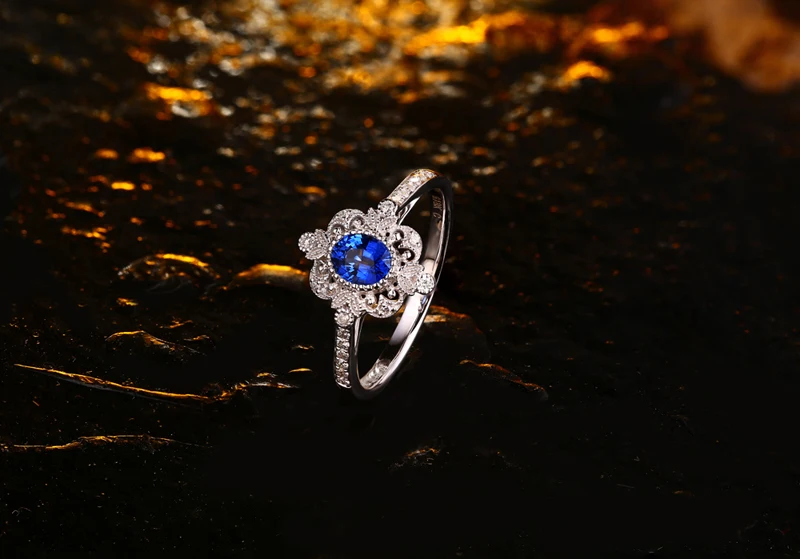 CaiMao Vintage 0.50ct Blue Sapphire Pave Set Diamond 14K White Gold Retro Engagement Ring