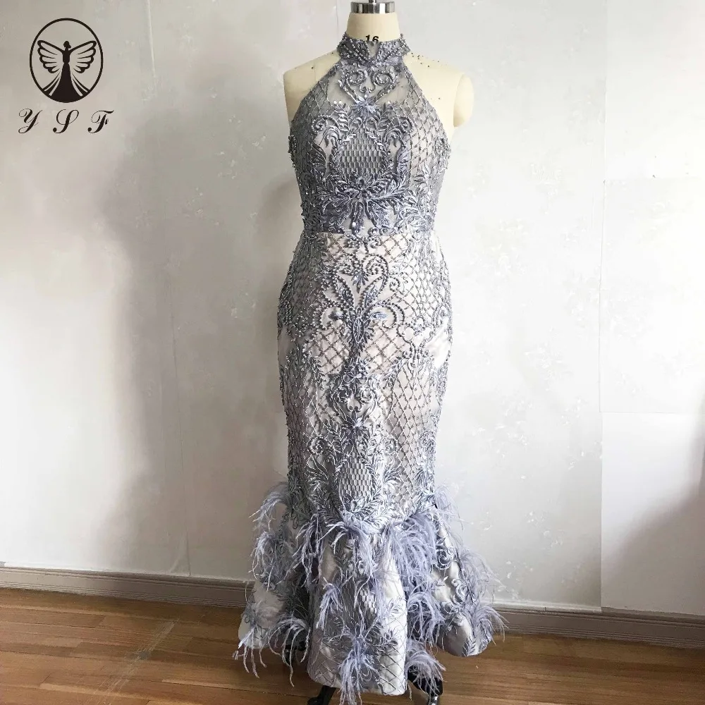 2019 Vestidos De Noite De Prata Do Vintage Colarinho Alto Frisado Pérolas Mangas Tornozelo Comprimento de Penas Sereia Vestidos De Fiesta