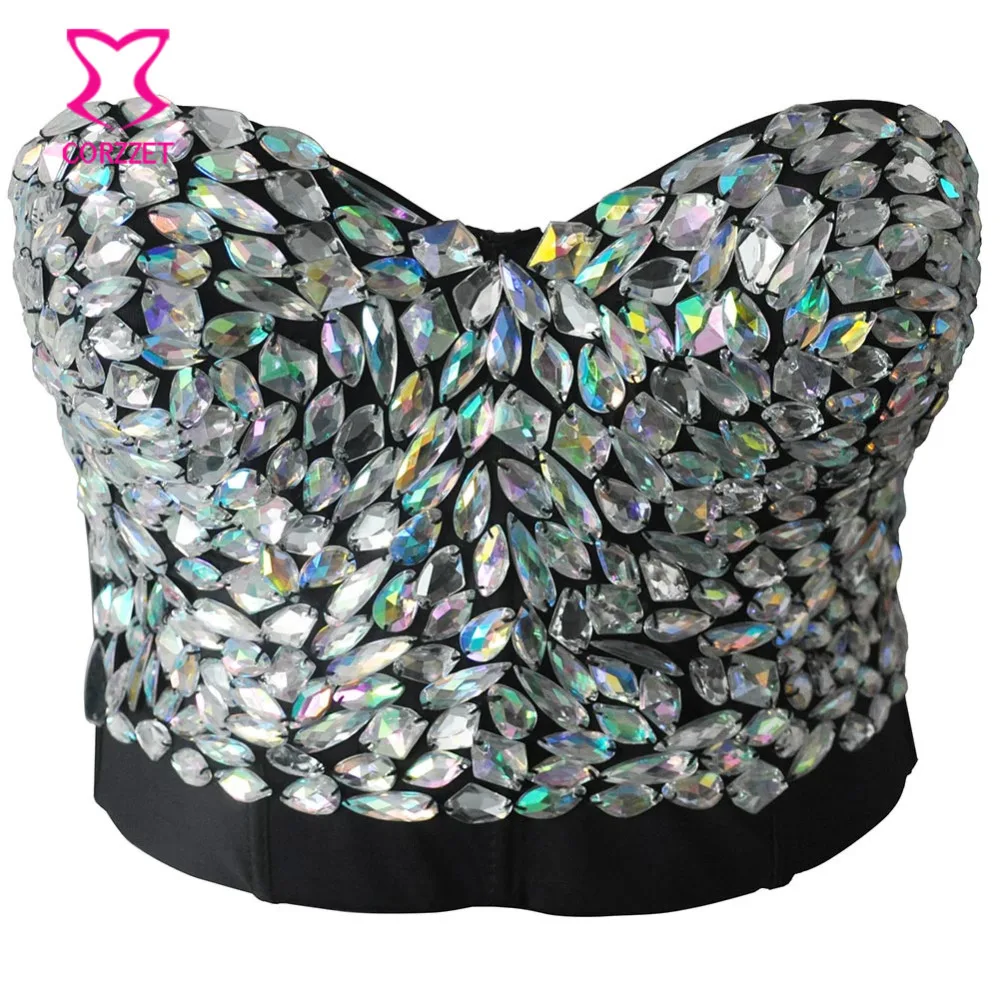 

White Crystal Gem Beading Punk Rock Brasier Mujer Sexy Bra Push Up Bralette Crop Top Women Party Night Club Wear Bustier Bralet