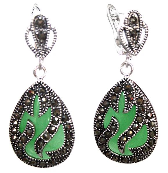 

11/2" noble 925 Silver & Marcasite inlay green Natural jade Waterdrop Earrings