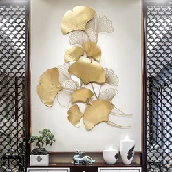 Modern Chinese Gold Wrought Iron Ginkgo Leaf Wall Crafts Decoration Home Livingroom Wall Porch Background Mural Metal Ornaments