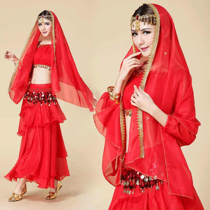 

New Women Indian Belly Dance Practice Professional Performance Suit Set Female Long Sleeve Sequin Cake Skirt Lantern Set H4547