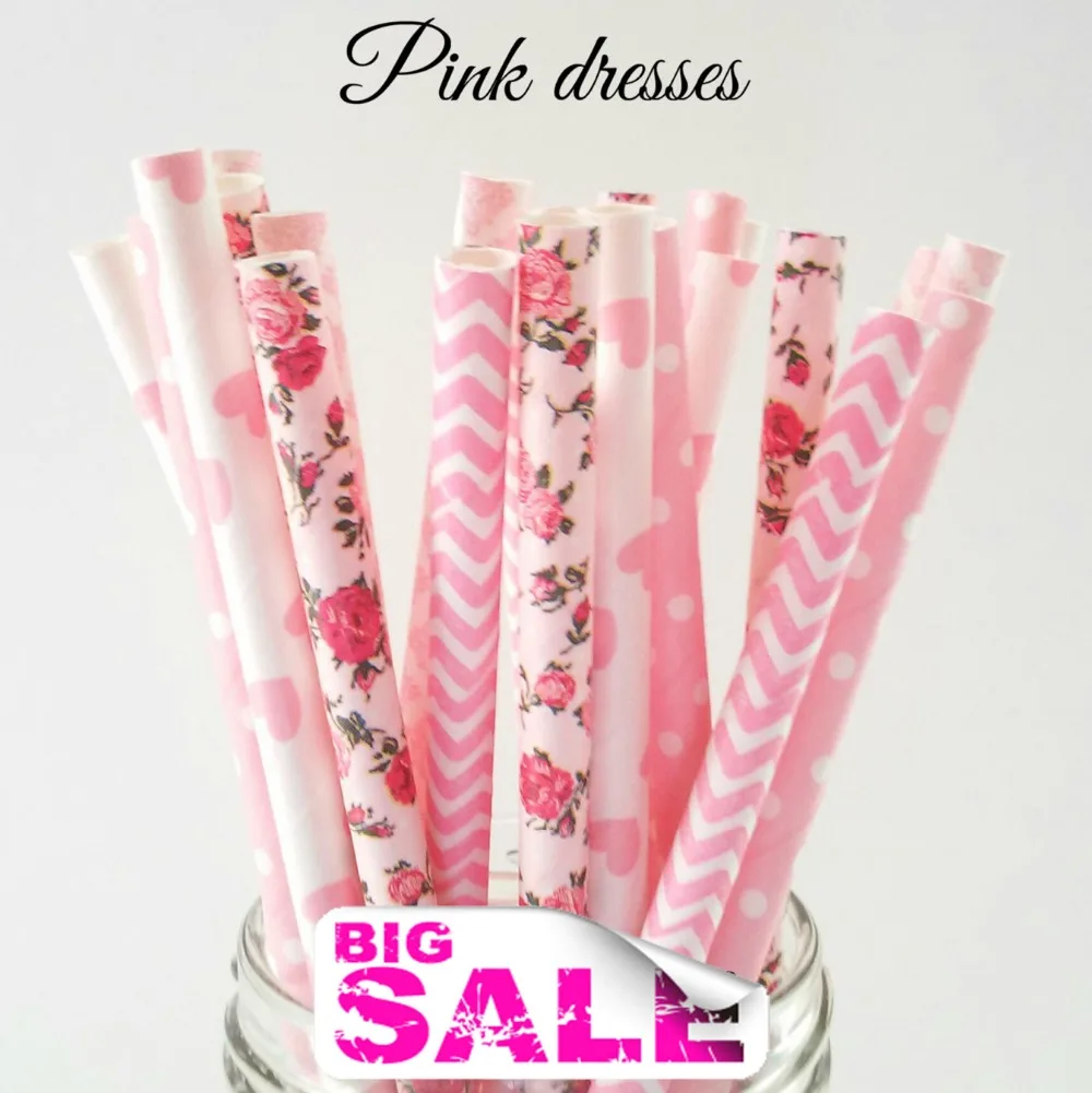 125 Pcs Mix Colors PINK DRESSES Party Paper Straws,Light Pink Damask,Chevron,Heart,Swiss Dot,Colorful Floral,Flower,Girls,Tea