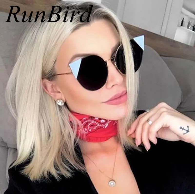 RunBird Women Cat Eye Sunglasses Brand Designer Retro Pierced Female Cute Sun Glasses Coating Relief Glasses Classic Shades 705R