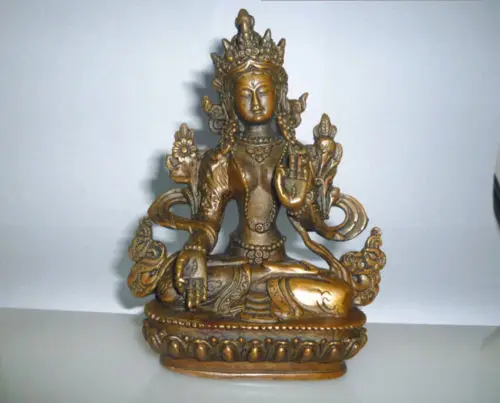 Elaborate Chinese Tibetan Buddhism Brass Kwan-yin White Tara Buddha Statue