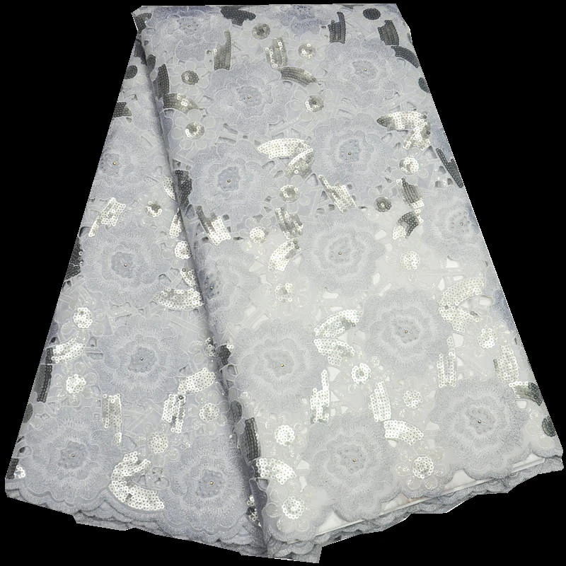 

High Class White Handcut High Quality African Lace Fabric Swiss Voile 100% Cotton Floral Organza Lace Fabric With Sequins ST224