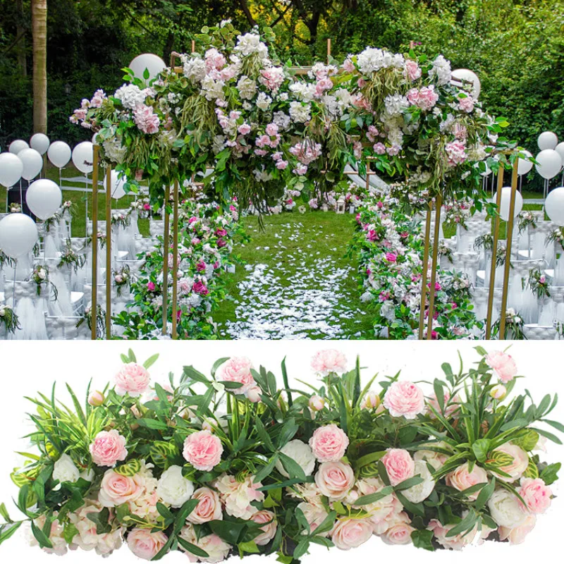 

New Outdoor Wedding Scene Layout Flower T Stage Road Lead Artificial Hydrangea Peony Rose Flower Arrangement Floral Decoration