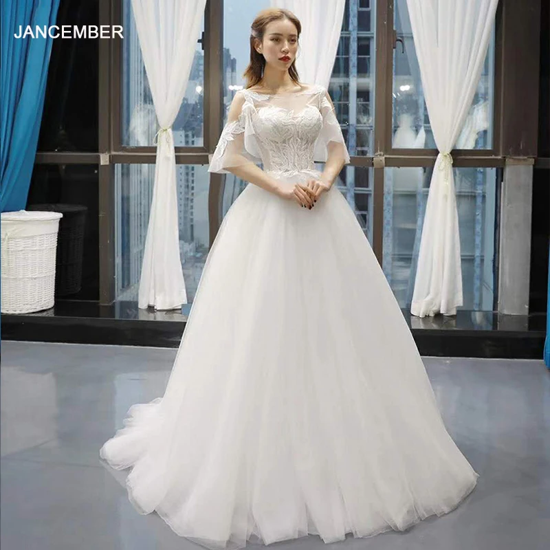 

J66768 jancember lace wedding dresses beach illusion o-neck floor length white wedding boho dresses for summer abito da sposa