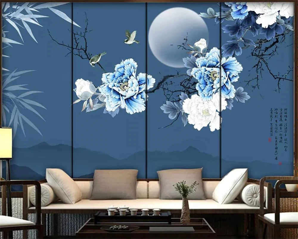 

Beibehang wallpaper mural Chinese style bamboo leaves peony flowers and birds TV background wall decoration mural 3d wallpaper