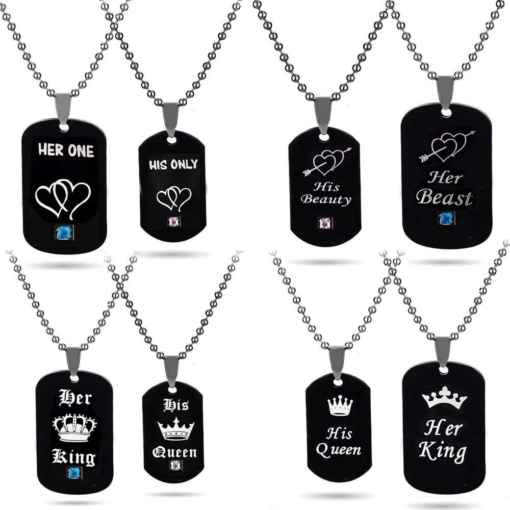 

RJ Couple Her King His Queen Nceklace Her Beast His Beauty Her Cowboy&His Angel Pendent Stainless Steel Lover Gift Necklaces