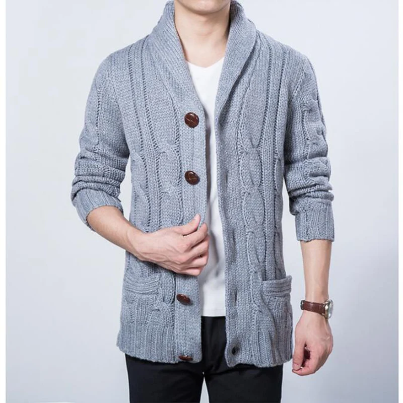 Korean Fashion Wooden Button Winter Male Cardigan Sweater Men Shawl Collar Knit Coat Grey Navy